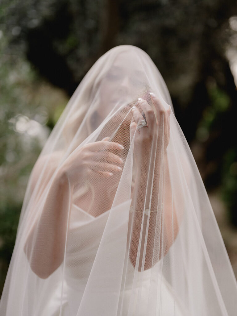 A bridal portrait made through sheer tulle, the veil softening the frame
