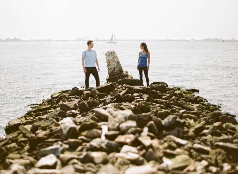Engagement photos on a jetty in Red Hook