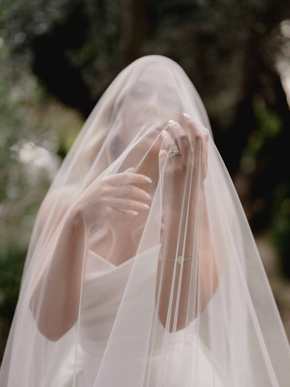 A bridal portrait made through sheer tulle, the veil softening the frame